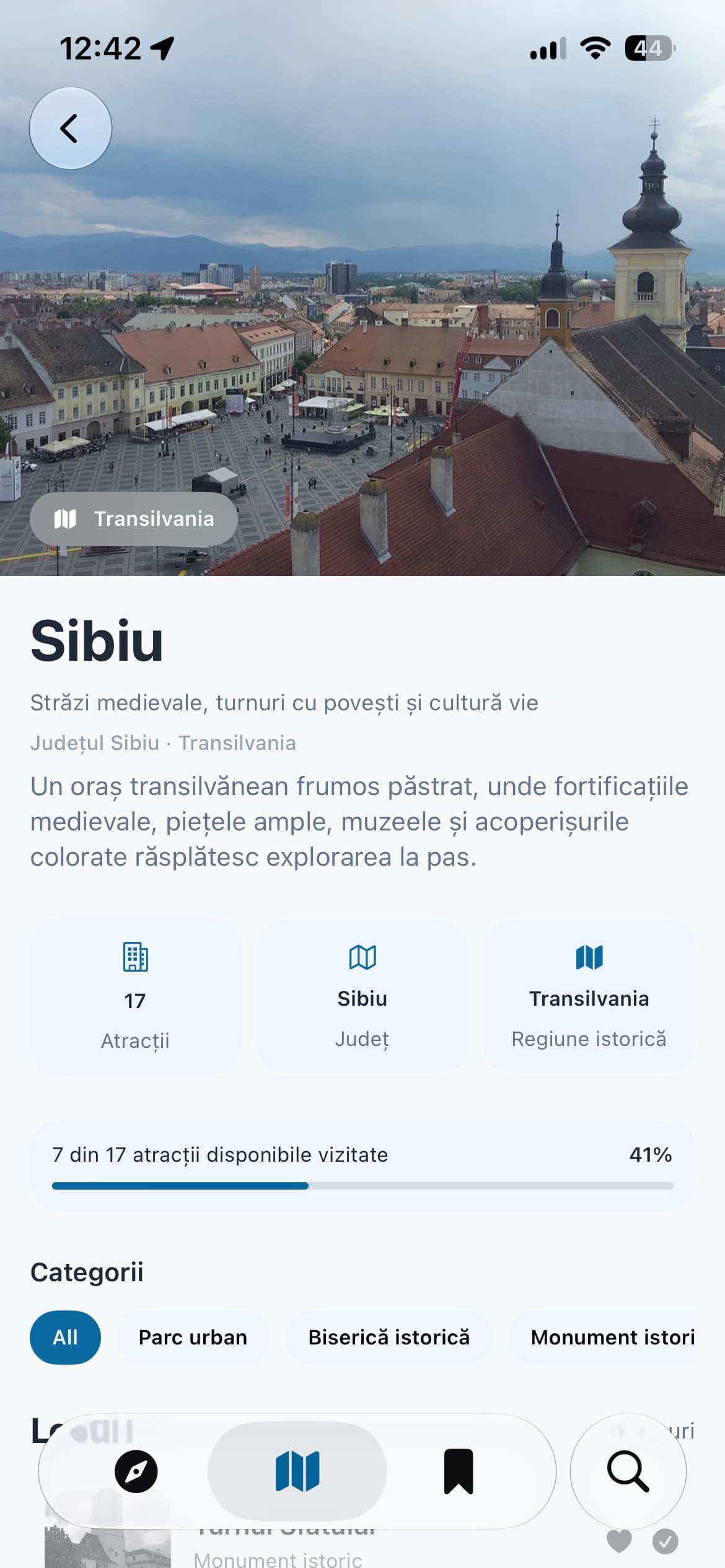 GoPlaces Sibiu city page with attractions and travel progress