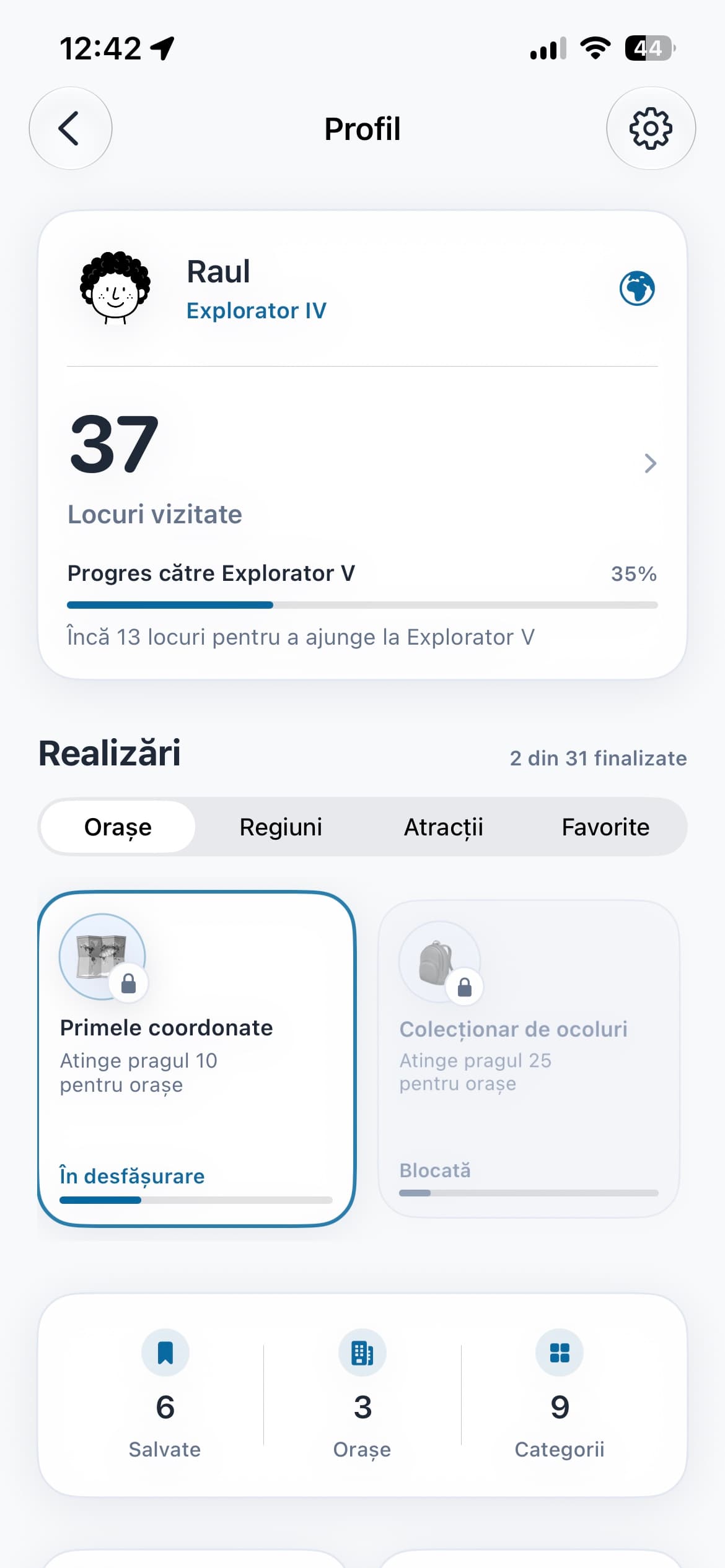 GoPlaces profile showing visited places, achievements, and progress