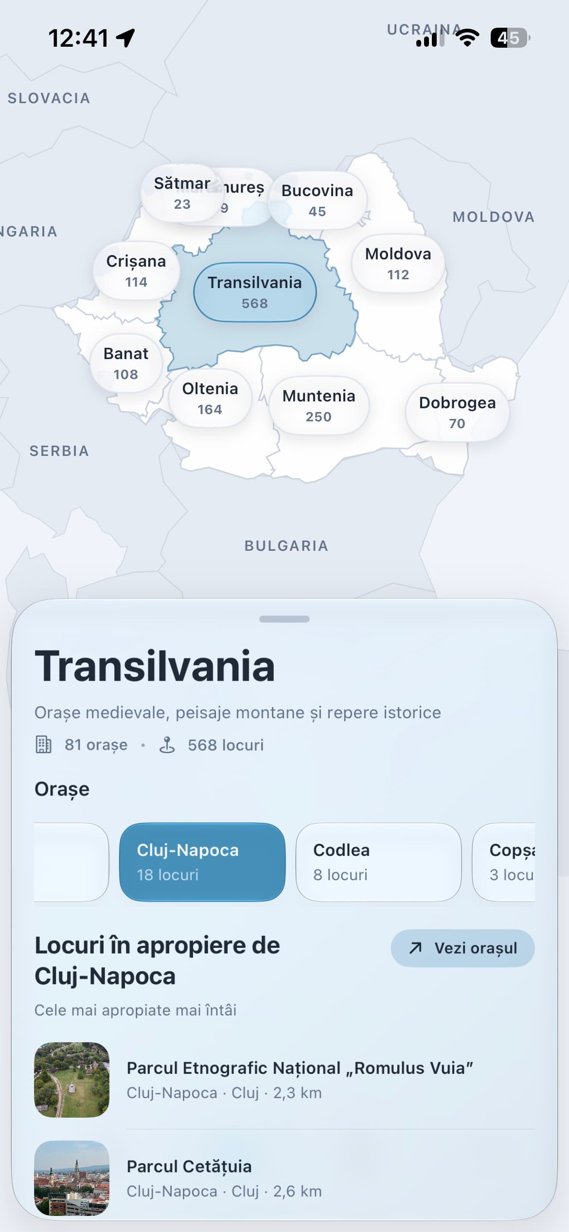 GoPlaces Transylvania region view on iPhone