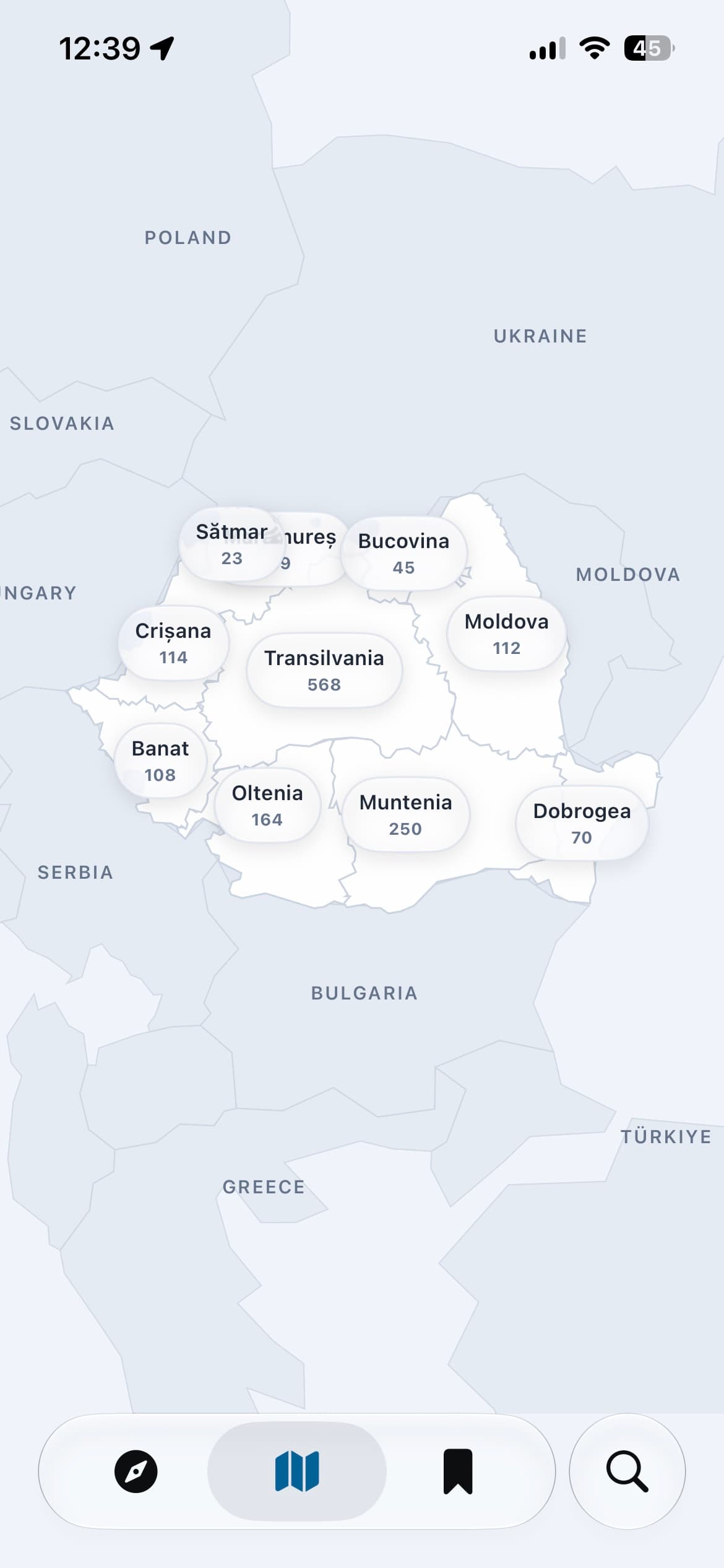 GoPlaces map showing Romania's historical regions and available places