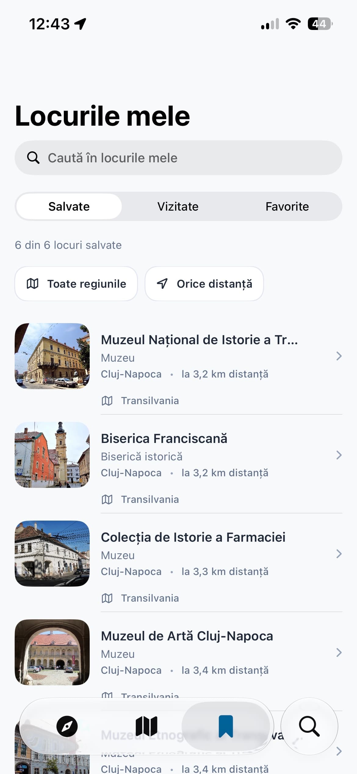 GoPlaces saved places list with region and distance filters