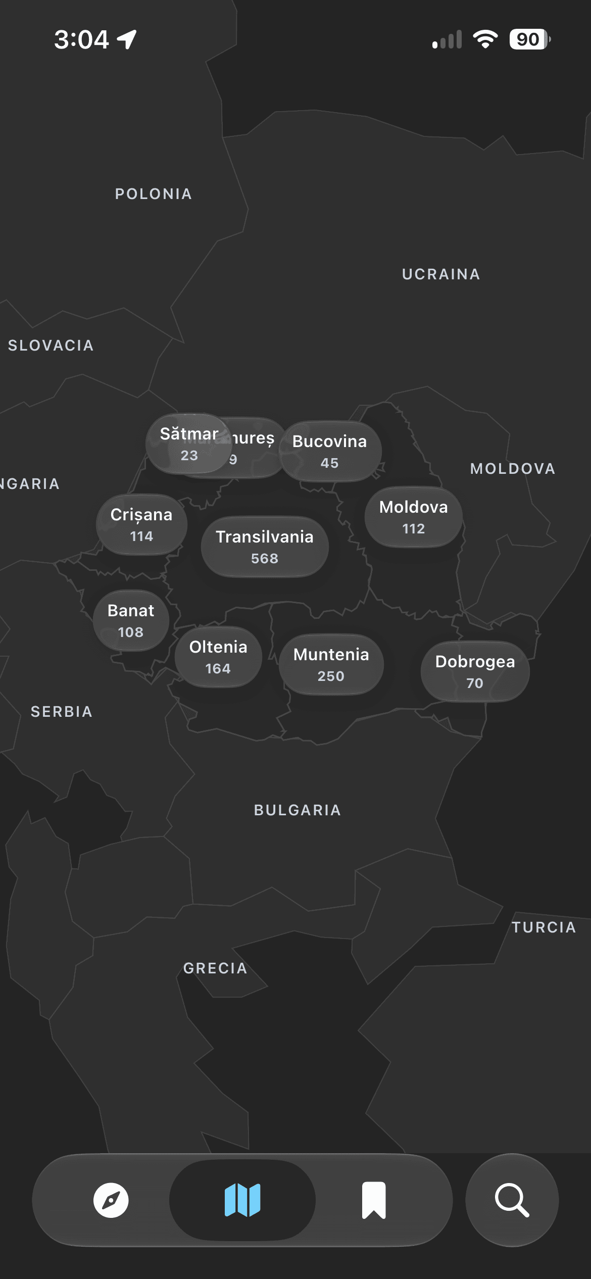 Harta GoPlaces cu regiunile istorice ale României