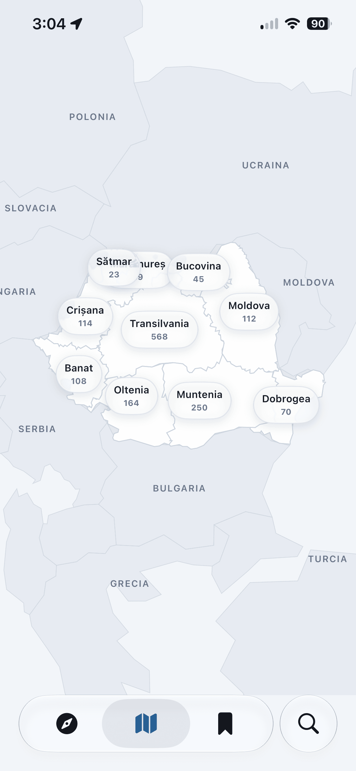 Harta GoPlaces cu regiunile istorice ale României