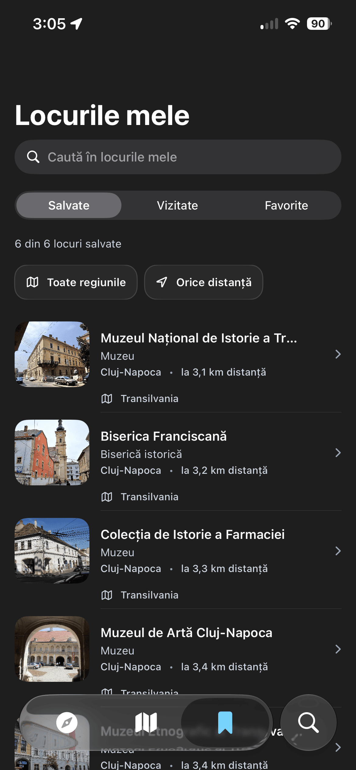 Lista locurilor salvate în GoPlaces