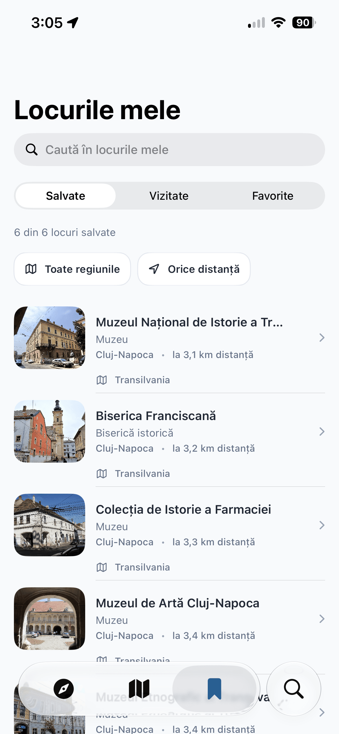 Lista locurilor salvate în GoPlaces