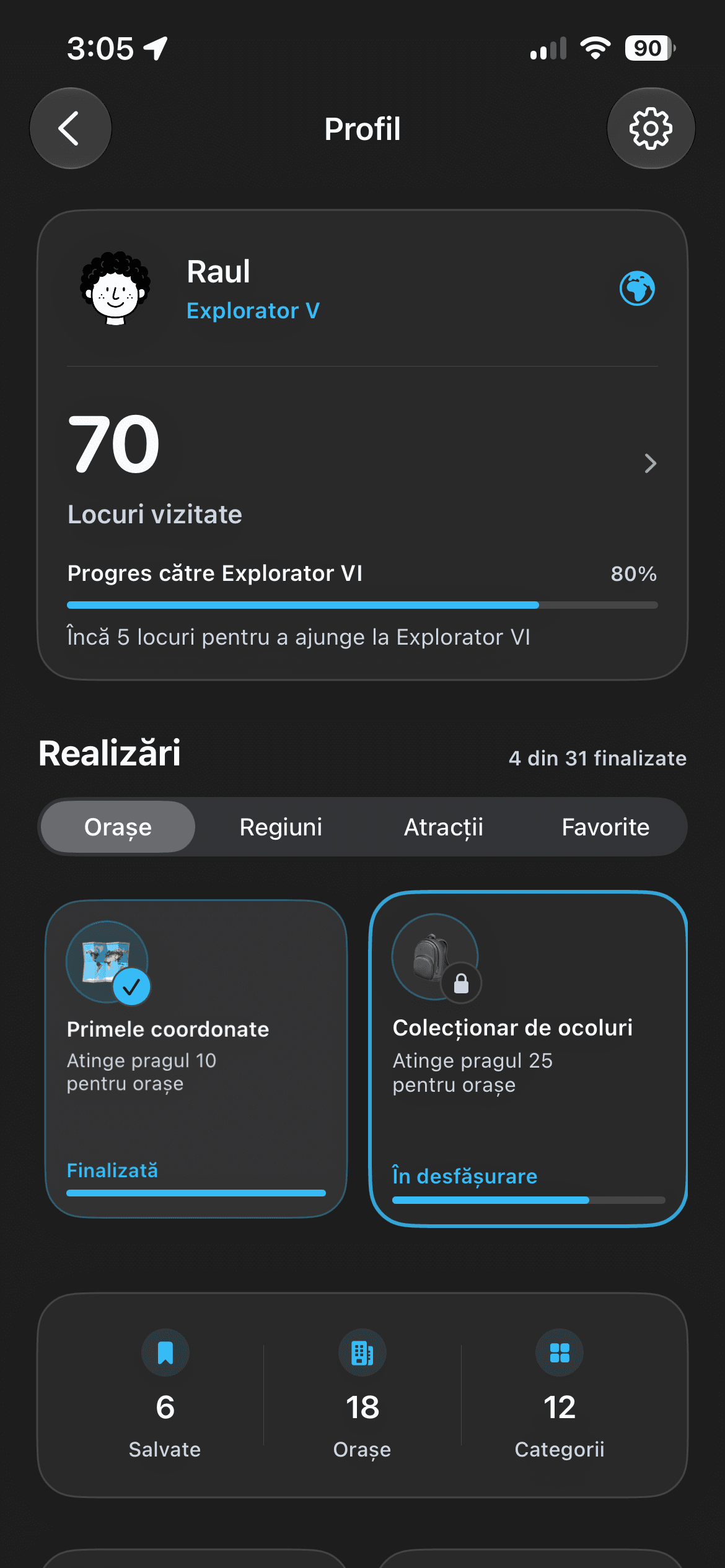 Profilul GoPlaces cu realizări și progres