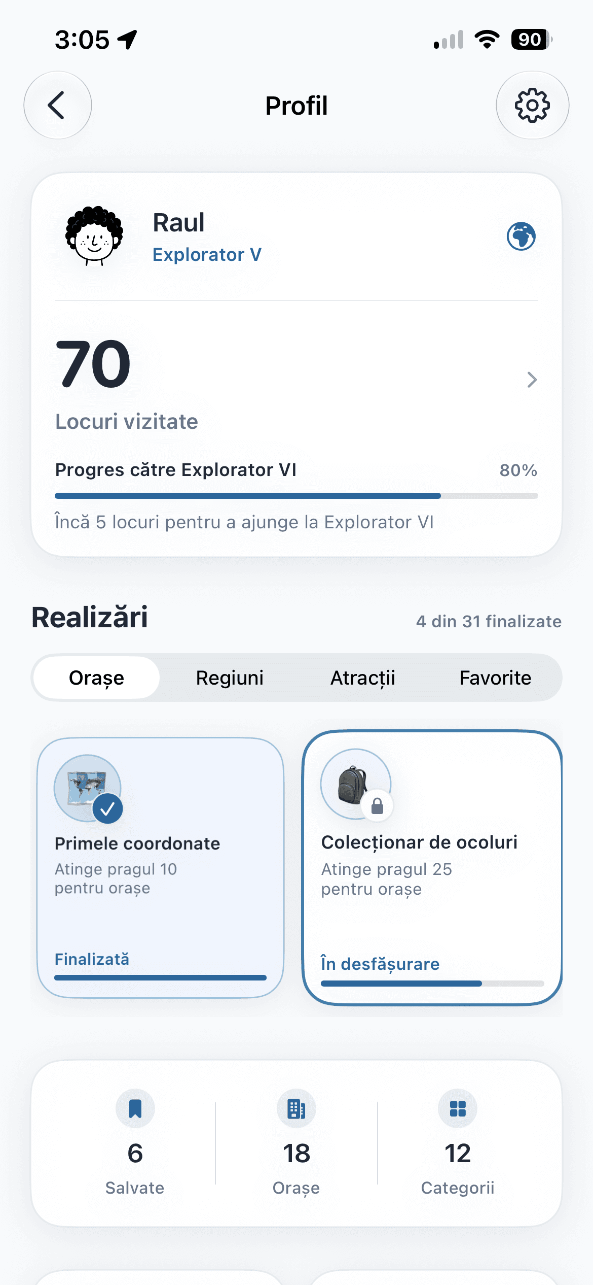 Profilul GoPlaces cu realizări și progres