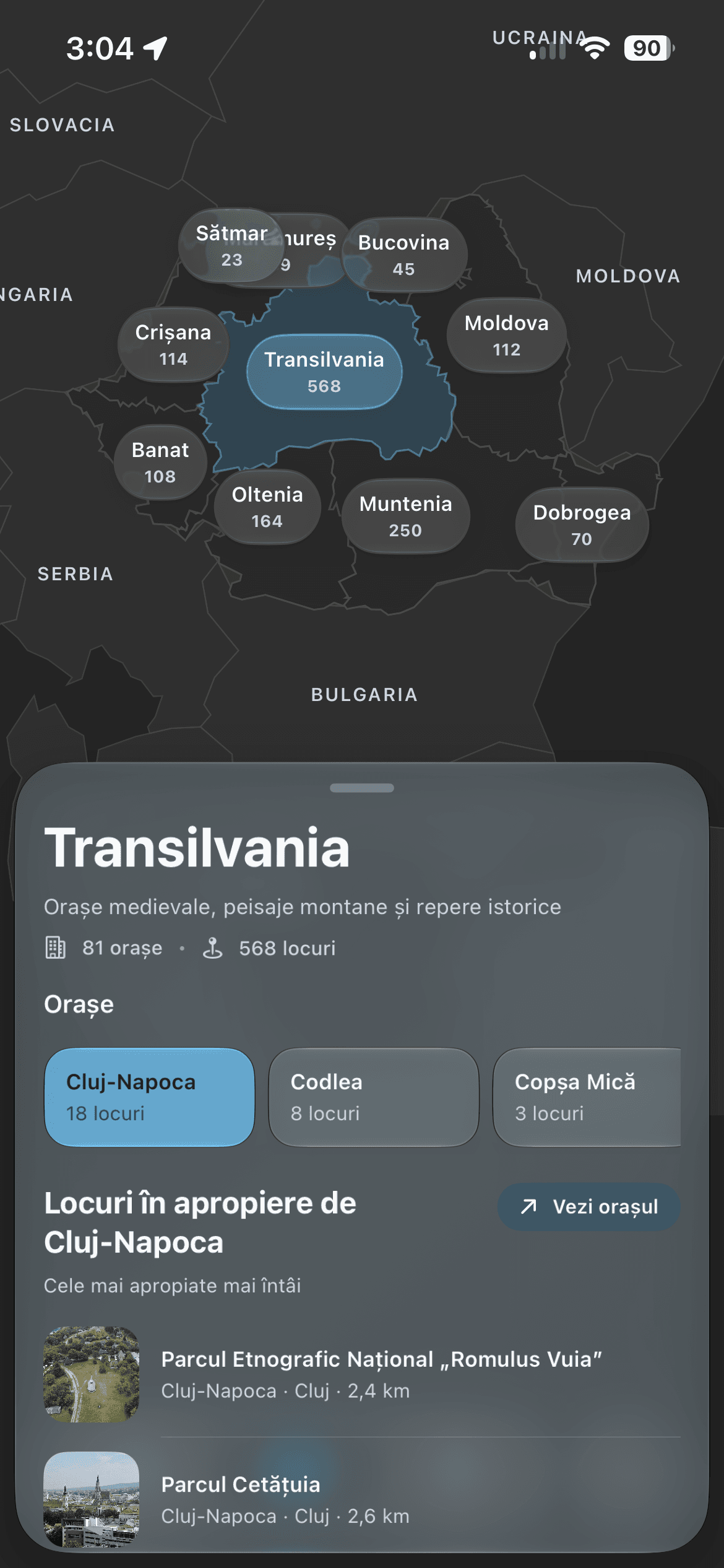 Regiunea Transilvania din GoPlaces afișată pe iPhone