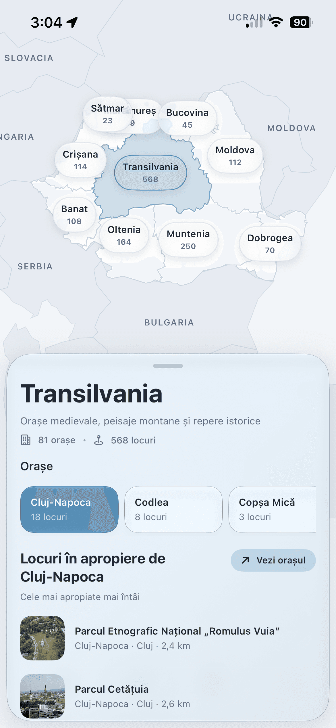 Regiunea Transilvania din GoPlaces afișată pe iPhone